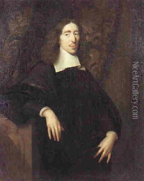 Portrait Of Johan De Witt Wearing Black Robes And White Collar Standing Beside A Plinth Before A Curtain Oil Painting - Caspar Netscher