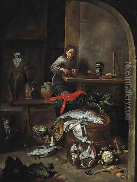 A boy preparing mussels by a table Oil Painting - Peeter Snyers