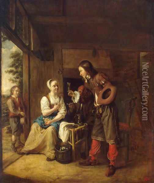 Man Offering a Glass of Wine to a Woman Oil Painting - Pieter De Hooch