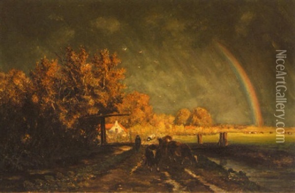 Dutch Farm Landscape With Figure, Cattle And Rainbow Oil Painting - Willem Roelofs