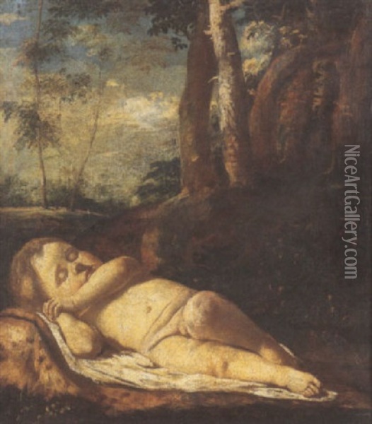 Bacco Bambino Dormiente In Paesaggio Oil Painting - Pier Francesco Mola