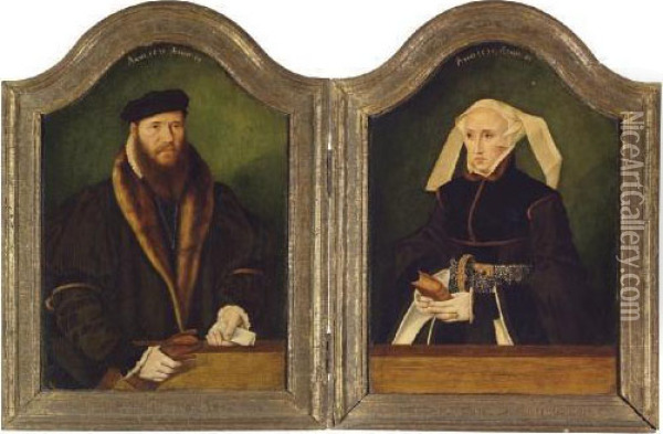 A Diptych: Portrait Of A Gentleman, Half-length, In A Fur-lined Coat, With Leather Gloves And A Letter In His Hand; And Portrait Of A Lady, Half-length, In A Black Dress And Pearl Encrusted Belt, Holding A Book Oil Painting - Bartholomaeus Ii Bruyn