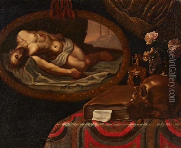 Pair Of Still Lifes With Paintings And Vanitas Symbols Oil Painting - Antonio Tibaldi