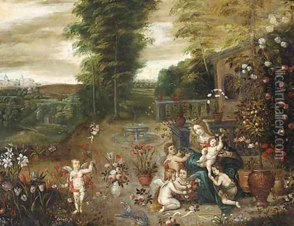 The Madonna and Child seated in a garden with the Infant Saint John the Baptist and putti Oil Painting - Jan Brueghel the Younger