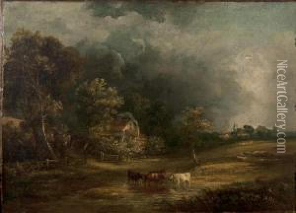 Cows Watering Before An Extensive Landscape Under Threatening Skies Oil Painting - Obadiah Short