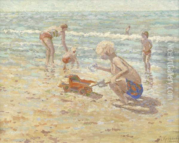 Spielende Kinder Am Strand Oil Painting - Cornelis Koppenol