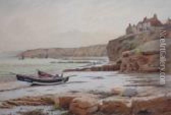 Fishing Boats Aground On A Yorkshire Beach. Oil Painting - Bernard Benedict Hemy