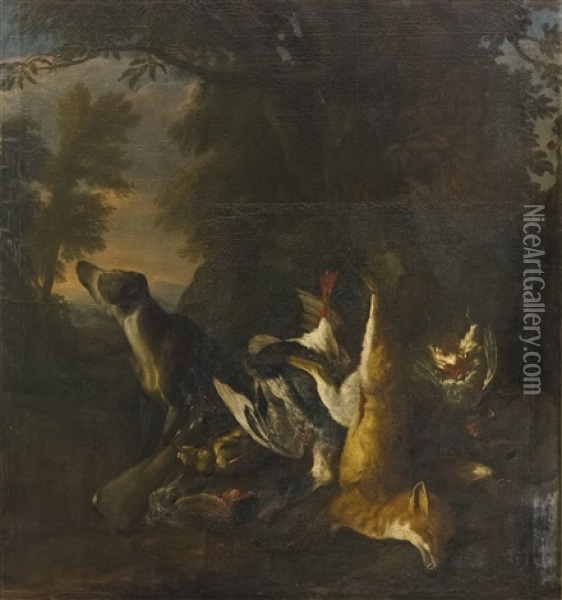 A Dead Fox And Goose At The Foot Of A Tree With A Hound In A Landscape Oil Painting - Peter Caulitz