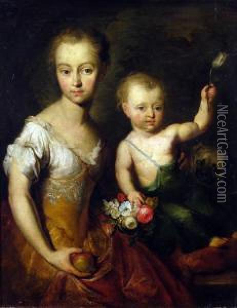 Noble Children And Pug, She Sits
 Holding An Apple And Bunch Of Flowers, The Boy With White Tulip Oil Painting - Heroman Van Der Mijn
