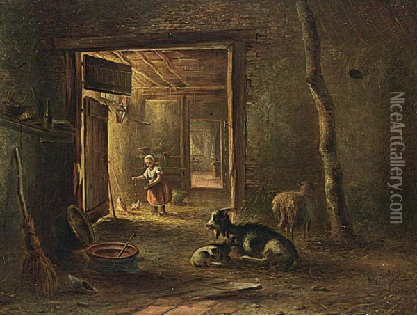 A Stable Interior With A Little Girl Feeding The Chickens Oil Painting - Bernardus Gerardus Ten Berge