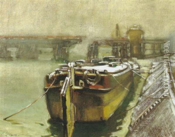 French Barge At The Dock Oil Painting - Alson Skinner Clark