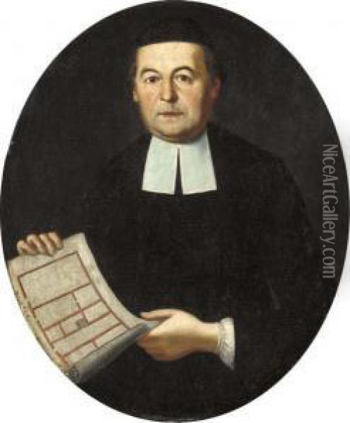 Portrait Of An Architect, 
Half-length, In Black Robes And Black Skull-cap, Holding A Floor Plan Oil Painting - Giacomo Ceruti (Il Pitocchetto)