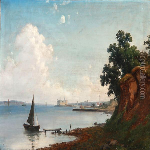 At Hellebaek Coast With A View Towards Kronborg Castle Oil Painting - Axel Thorsen Schovelin