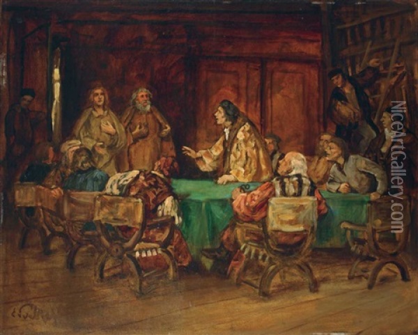 Interieur Mit Disputierenden Herren Oil Painting - Eduard (Karl-Franz) von Gebhardt
