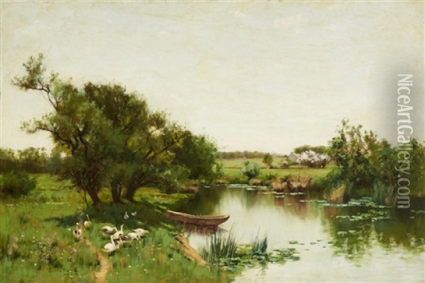 Geese By A Woodland Pond With Moored Boat Oil Painting - Bruce Crane