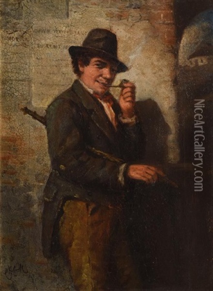 Irish Man Smoking A Pipe With Political Slogans Oil Painting - Charles Henry Cook
