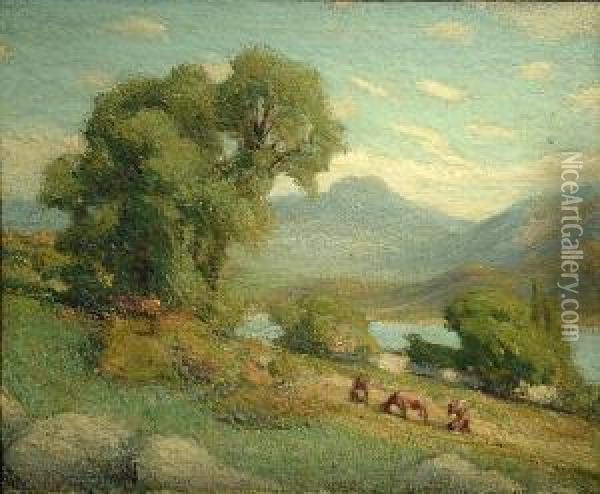 Cattle In A River Landscape Oil Painting - Harry Filder