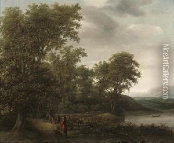 A Wooded River Landscape Oil Painting - Cornelis Hendricksz. The Younger Vroom