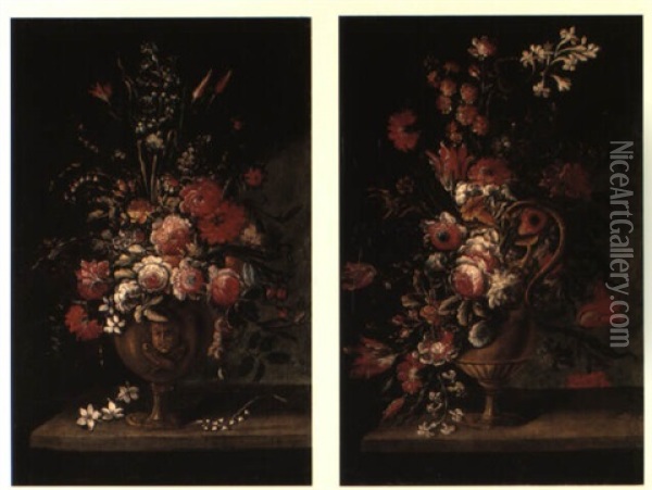 Carnations, Roses, Tulips And Other Flowers In An Urn On A Ledge Oil Painting - Mario Nuzzi