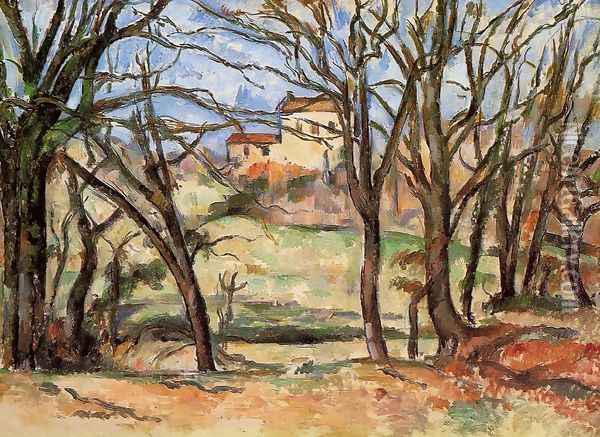 House Behind Trees On The Road To Tholonet Oil Painting - Paul Cezanne