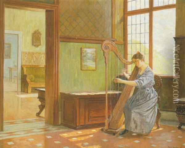Lady Playing The Harp Oil Painting - Robert Panitzsch