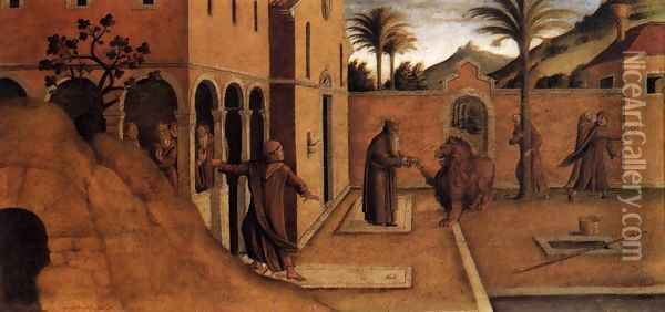St Jerome Bringing the Lion to the Convent Oil Painting - Lazzaro Bastiani