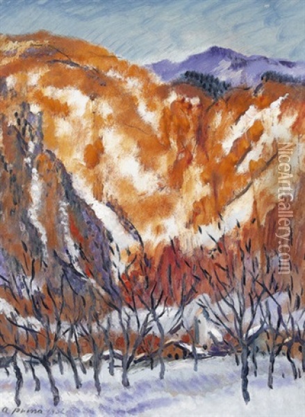 Winterlandschaft Mit Alpengluhen Oil Painting - Andre Julien Prina