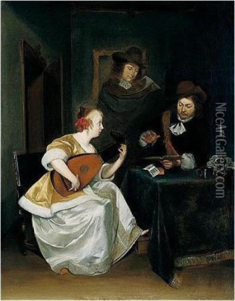 An Interior With Two Gentlemen And A Lady Playing A Lute Oil Painting - Gerard Terborch
