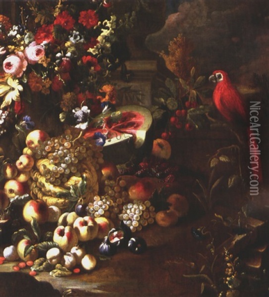 Fruchte, Pilze Und Blumenstillleben Mit Papagei Und Amphore Oil Painting - Abraham Brueghel