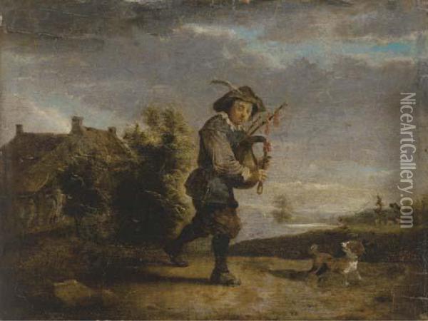 A Bagpipe Player In A Landscape Oil Painting - Thomas Van Apshoven