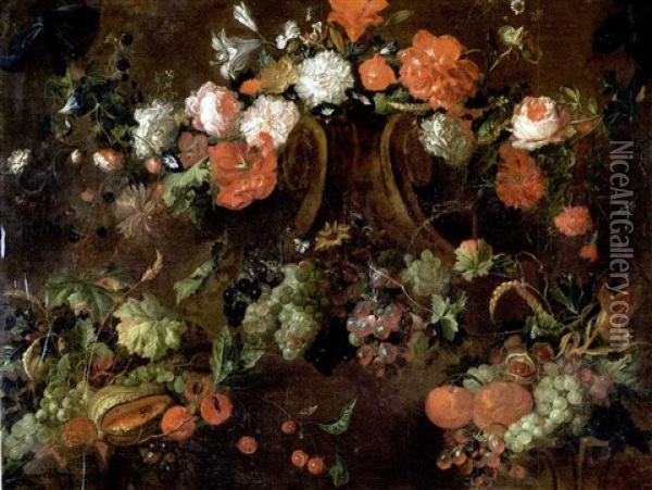 Blumengirlande Und Fruchte Um Eine Kartusche Oil Painting - Jan Davidsz De Heem