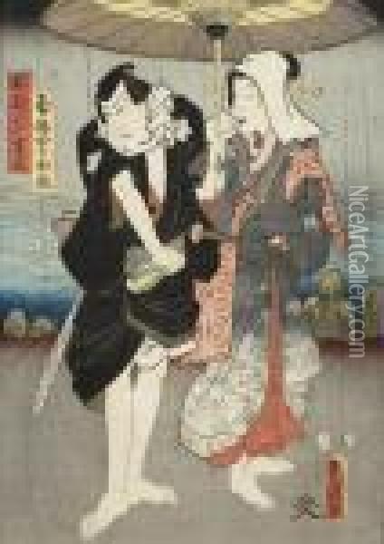Man Och Kvinna Under Regnparasoll Oil Painting - Kunisada