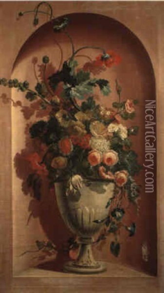 A Trompe-l'oeil Of Roses, Tulips, Poppies In Vase In Stone Niche Oil Painting - Jan-Baptiste Bosschaert