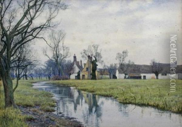 Farmhouse And Barns On The River Ouse Oil Painting - William Fraser Garden