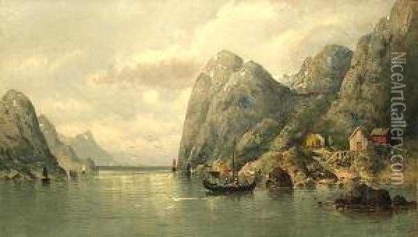 A Fjord Scene With A Dinghy Coming Ashore And Cabins In The Foreground Oil Painting - Olaf Petersen
