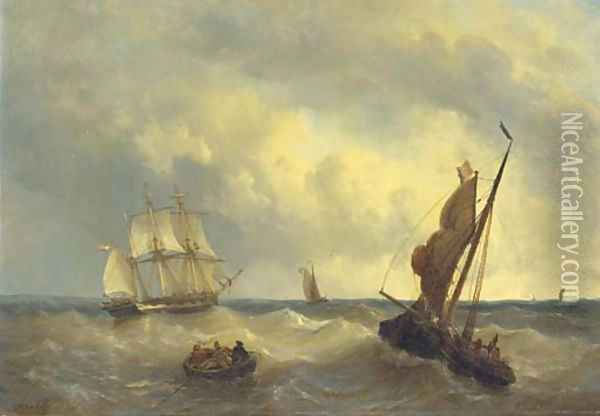 A three-master and other vessels on choppy water Oil Painting - George Willem Opdenhoff