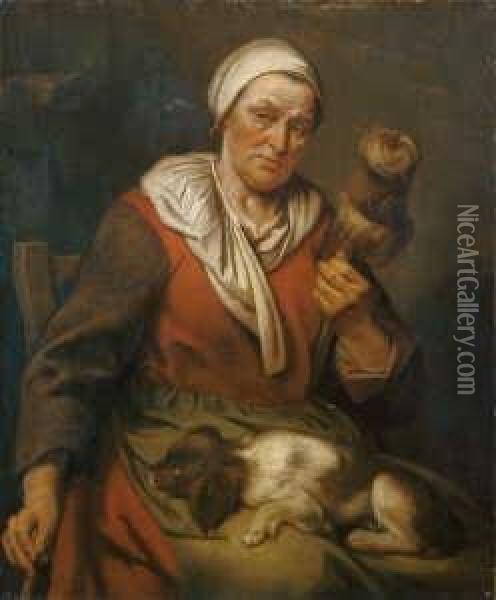 Eine Sitzende Altere Frau Mit
 Einem Spinnrocken Und Einem Hundchen.

 Ol Auf Leinwand. H 101; B 84 Oil Painting - Hendrick Bloemaert