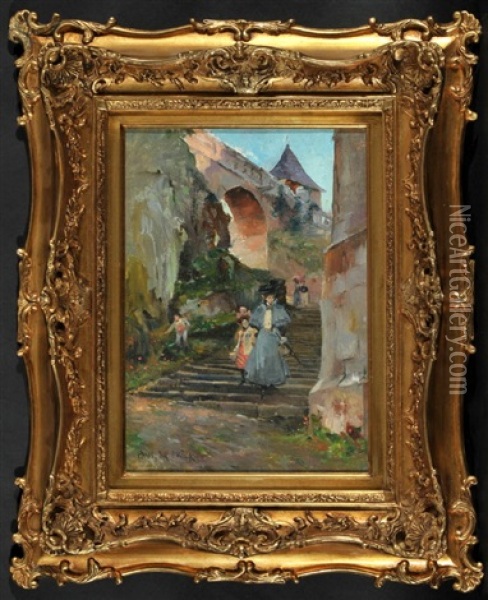 Frau Mit Madchen Am Stufenaufgang Zur Burg Oil Painting - Paul De Frick
