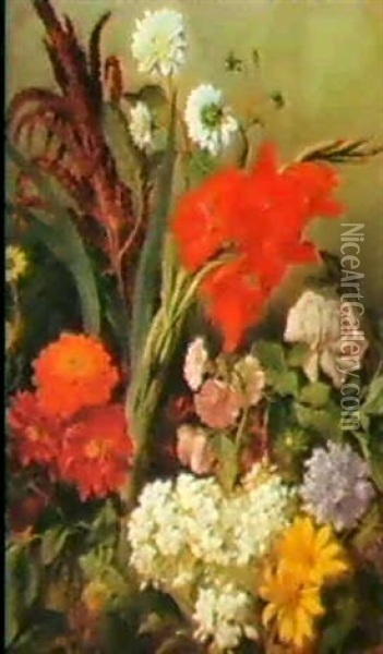 A Still Life Of Summer Flowers Oil Painting - Ludwig Adam Kunz