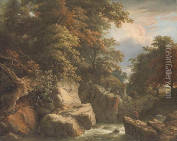 A Wooded River Landscape With A Fisherman On A Rock Casting His Line Oil Painting - William Ashford
