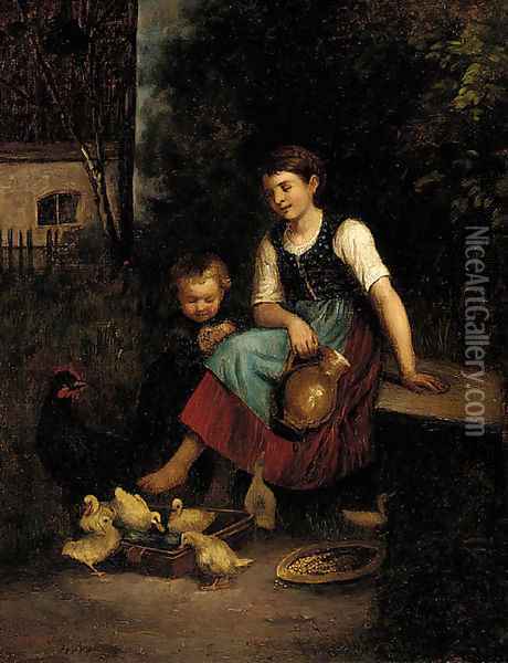 Feeding the Ducks Oil Painting - Charles Edouard Frere