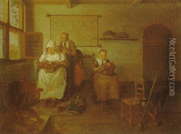 An Interior With A Woman And Two Young Girls Making Lace Oil Painting - Quiringh Gerritsz van Brekelenkam