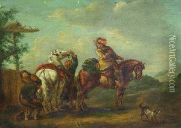 Travellers Shoeing A Horse Oil Painting - Pieter Wouwermans or Wouwerman