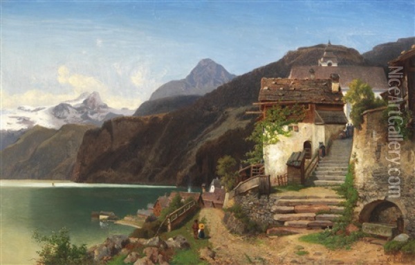 A View Of Lake Hallstatt Oil Painting - Johann Gottfried Pulian