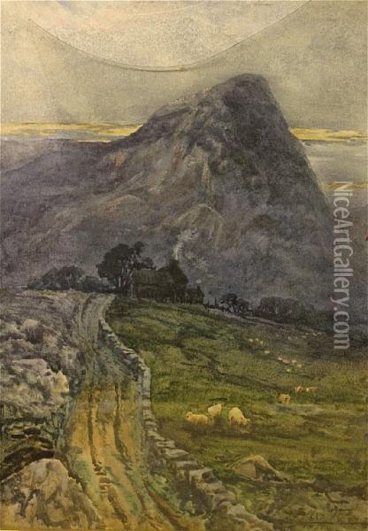 Sheep Grazing Before A Mountain Oil Painting - Charles T. Cox