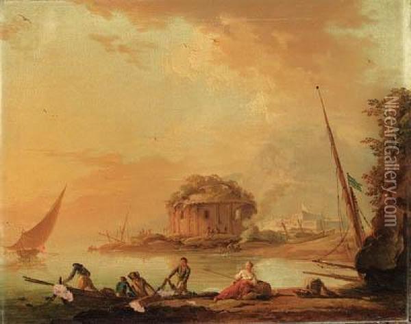 Fisherfolk Pulling In Their Nets
 At Dusk By A Mediterraneanharbour, A Classical Ruin Beyond Oil Painting - Charles Francois Lacroix de Marseille