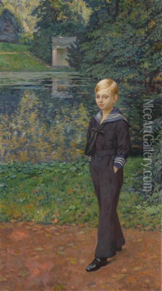 Portrait De Claude Stevens En Marin, Au Jardin Oil Painting - Theo van Rysselberghe