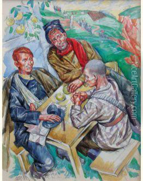 Trois Soldats Atables Oil Painting - Kuzma Sergievitch Petrov-Vodkin