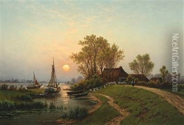 Summer Evening On The Islands Of The Elbe Oil Painting - Georg Schmitz