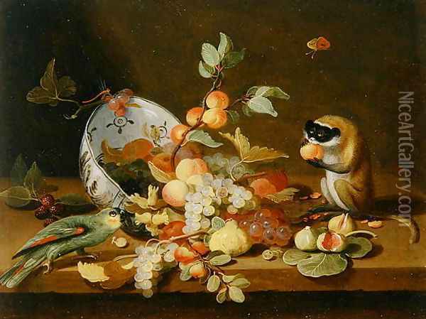 Grapes and Peaches Spilling from an Overturned Delft Bowl Oil Painting - Jan van Kessel